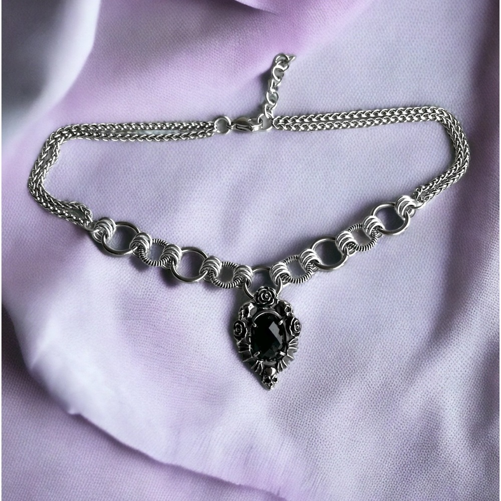stainless steel necklace double wheat chain onyx stone rose & skull charm - Picture 6 of 13